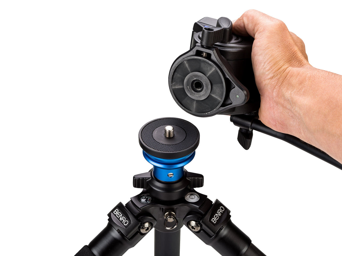 Macro shot of the Benro QR4 quick-release slide plate, showing the 3/8" screw and safety lock.