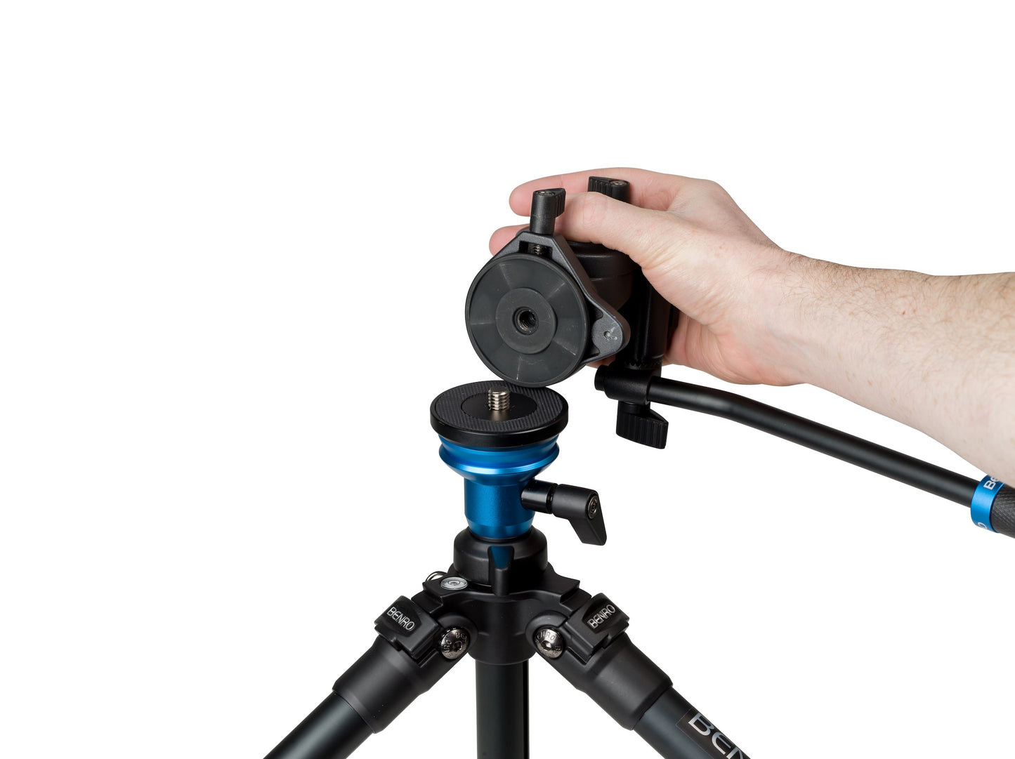 Close-up side view of the Benro S2 fluid video head showing the pan handle, tilt lock, and quick-release mechanism