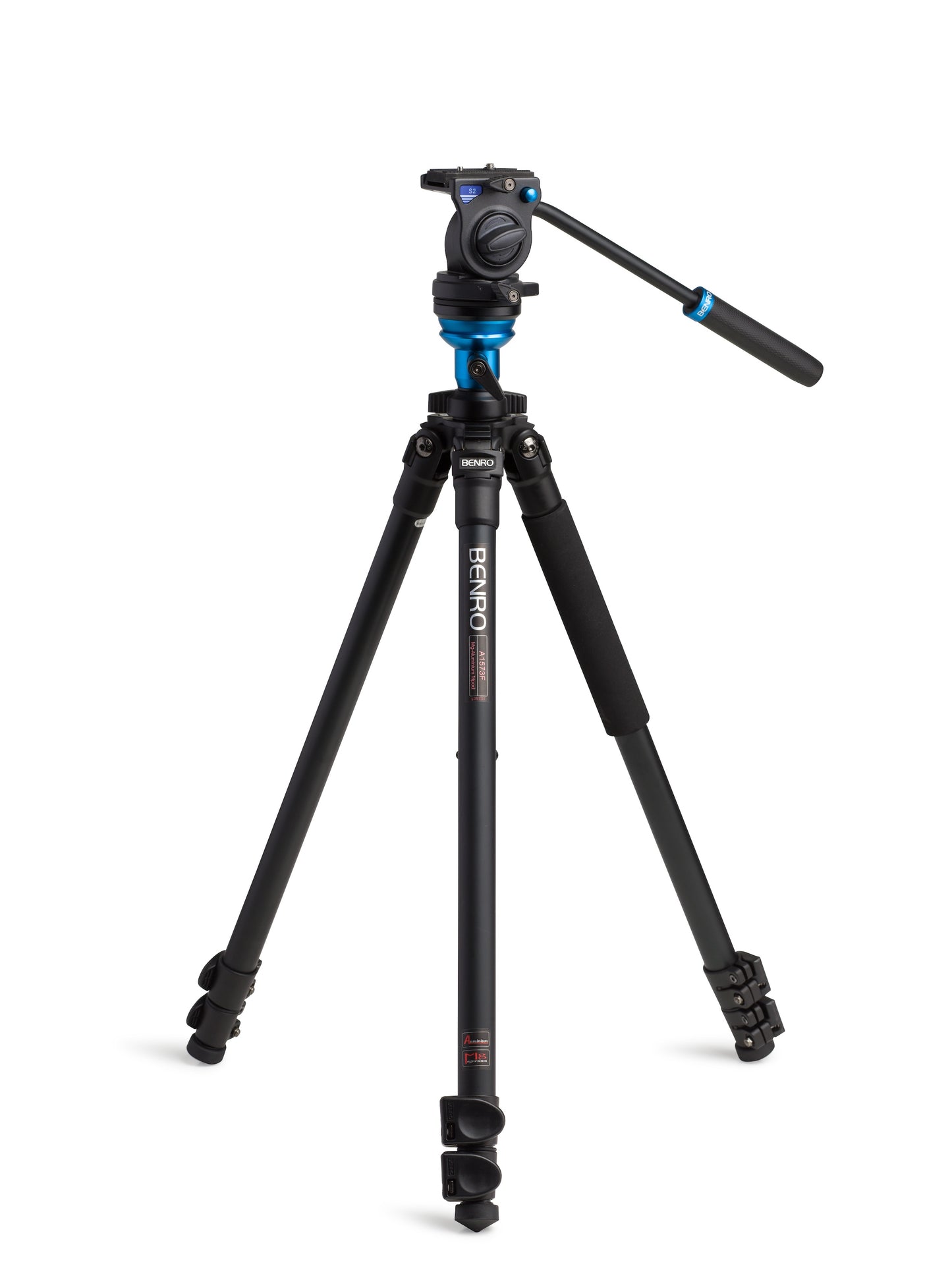 Detailed image highlighting the sturdy aluminum flip lever leg locks on the Benro A1573F tripod legs.