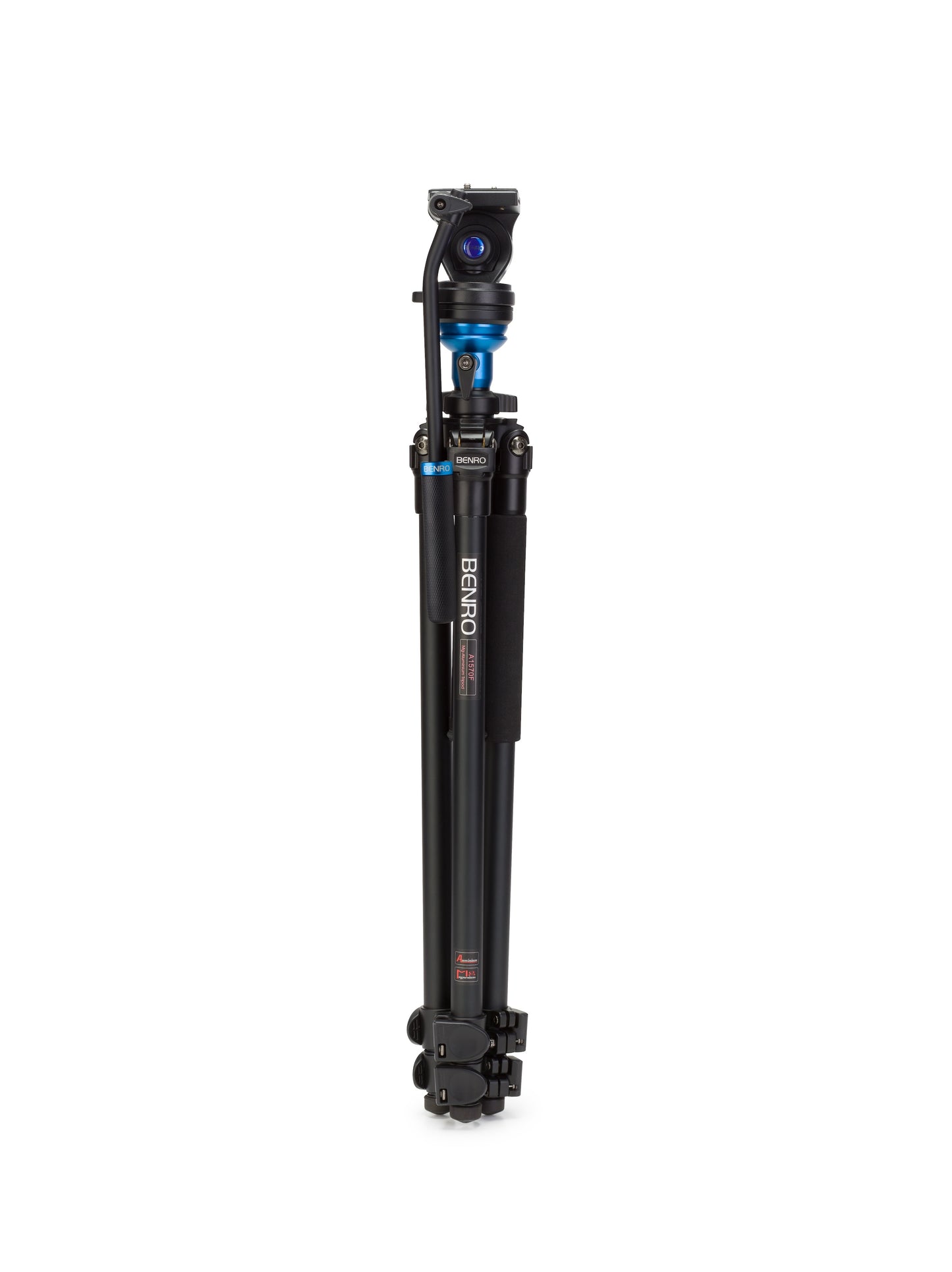 The Benro A1573F tripod with head attached, folded down to its closed length of 69.5 cm for transport.