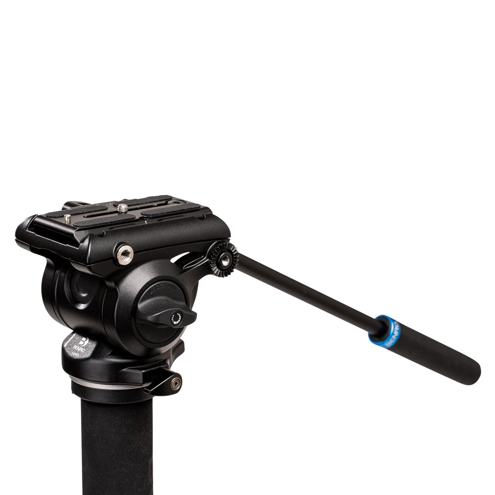 A Benro S4 video tripod head on a monopod