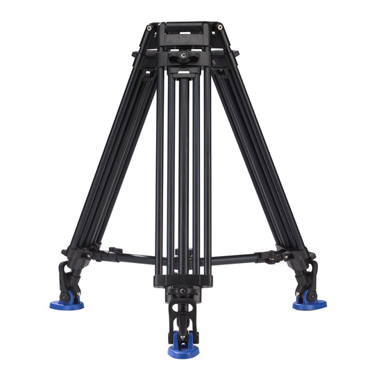 The Benro A674TM aluminum tripod with double tandem legs, adjustable mid-level spreader, and 100mm metal bowl, showcasing its durable design and oversized quick-release leg locks for heavy-duty use.