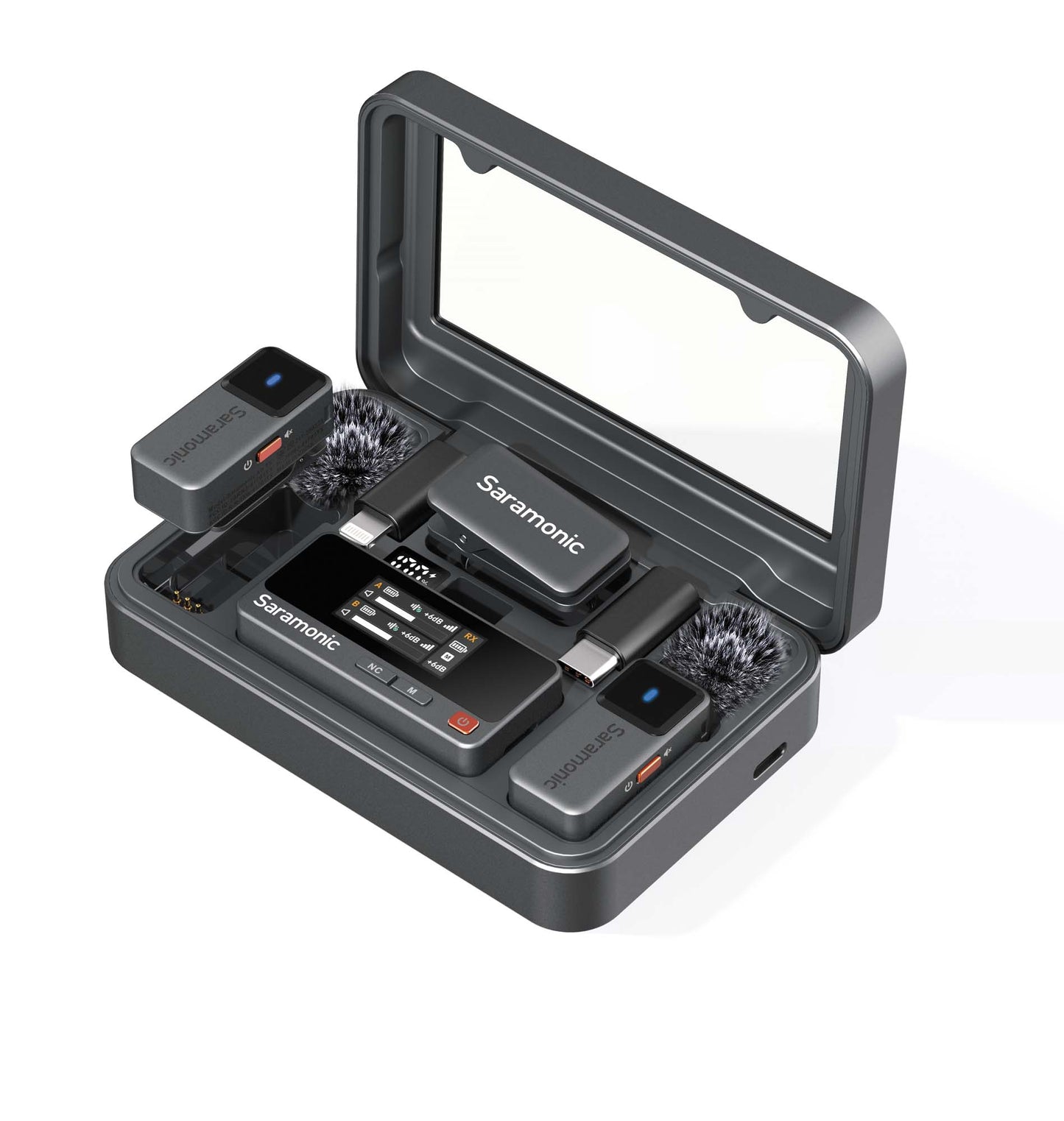 Saramonic wireless microphone transmitter and receiver set on a white background