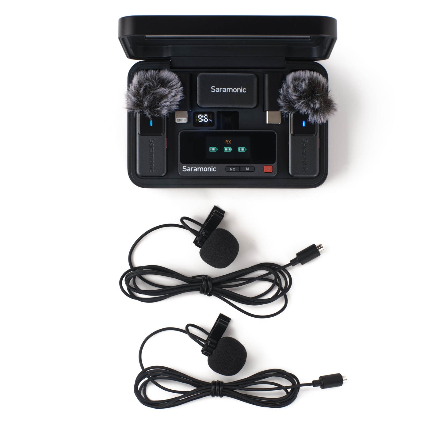Saramonic wireless microphone system with transmitter, receiver, and lavalier mics