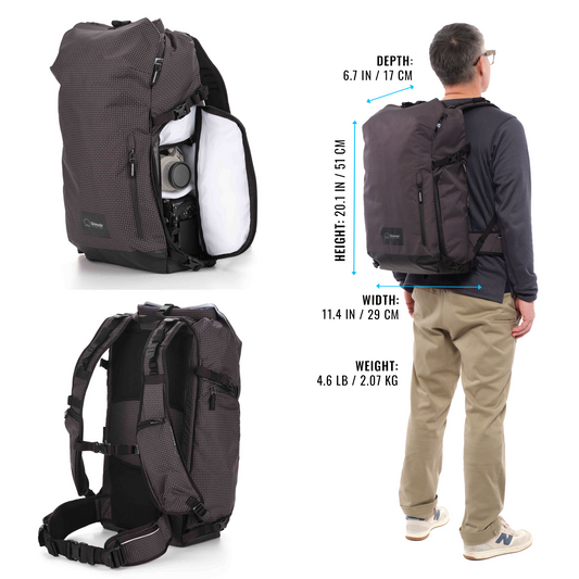 Adventure photographer wearing Sidecountry backpack on trail