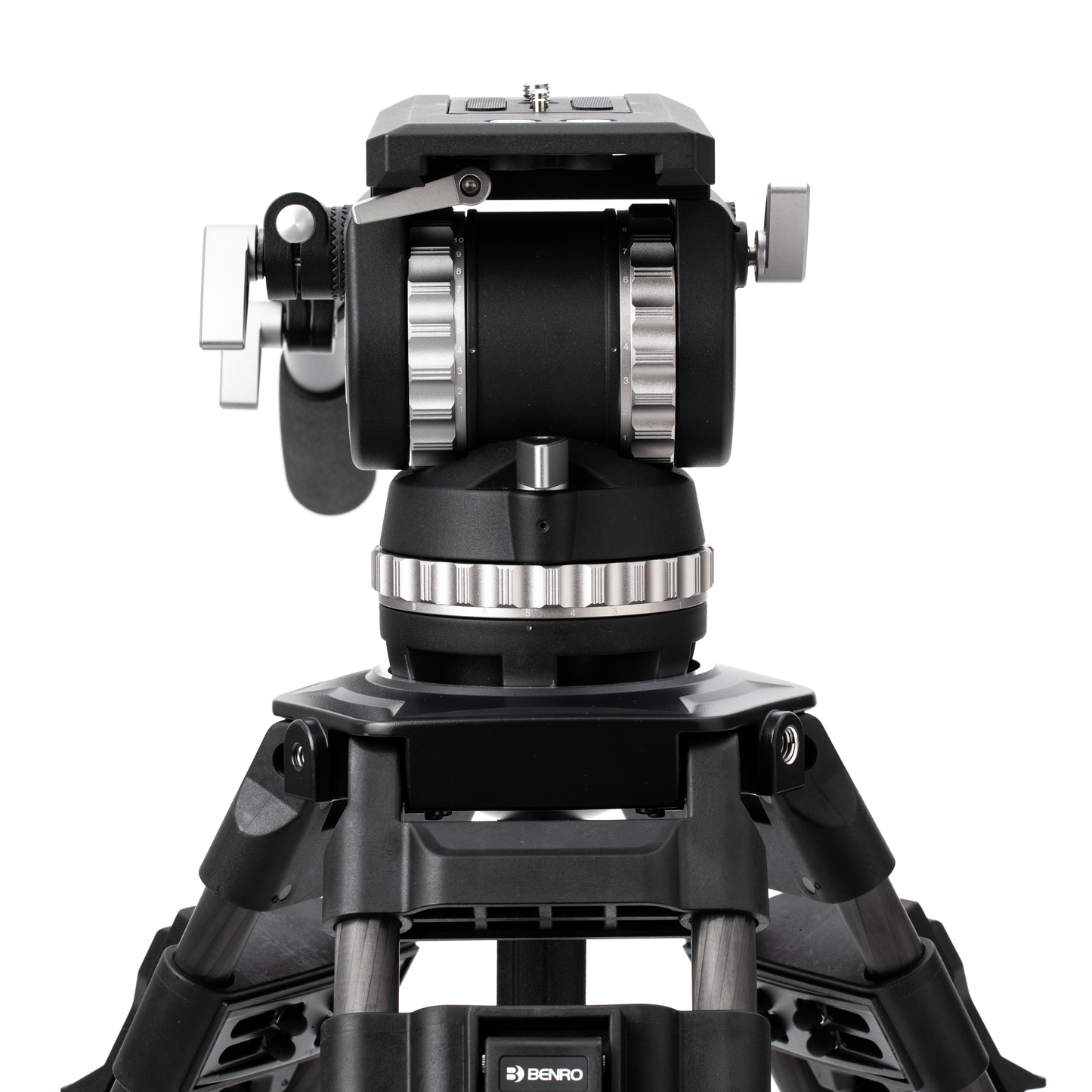 Back view of the BVX18 fluid head tilted backward to its 78-degree maximum angle