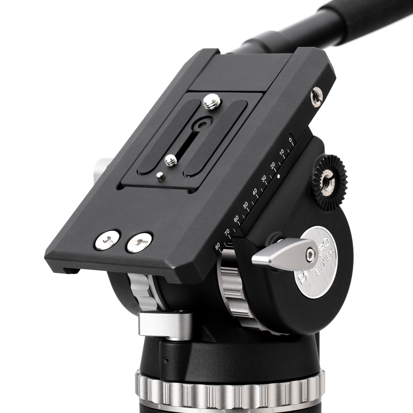 Top-down view of the BVX18 fluid head showing the 100mm bowl and quick-release plate.