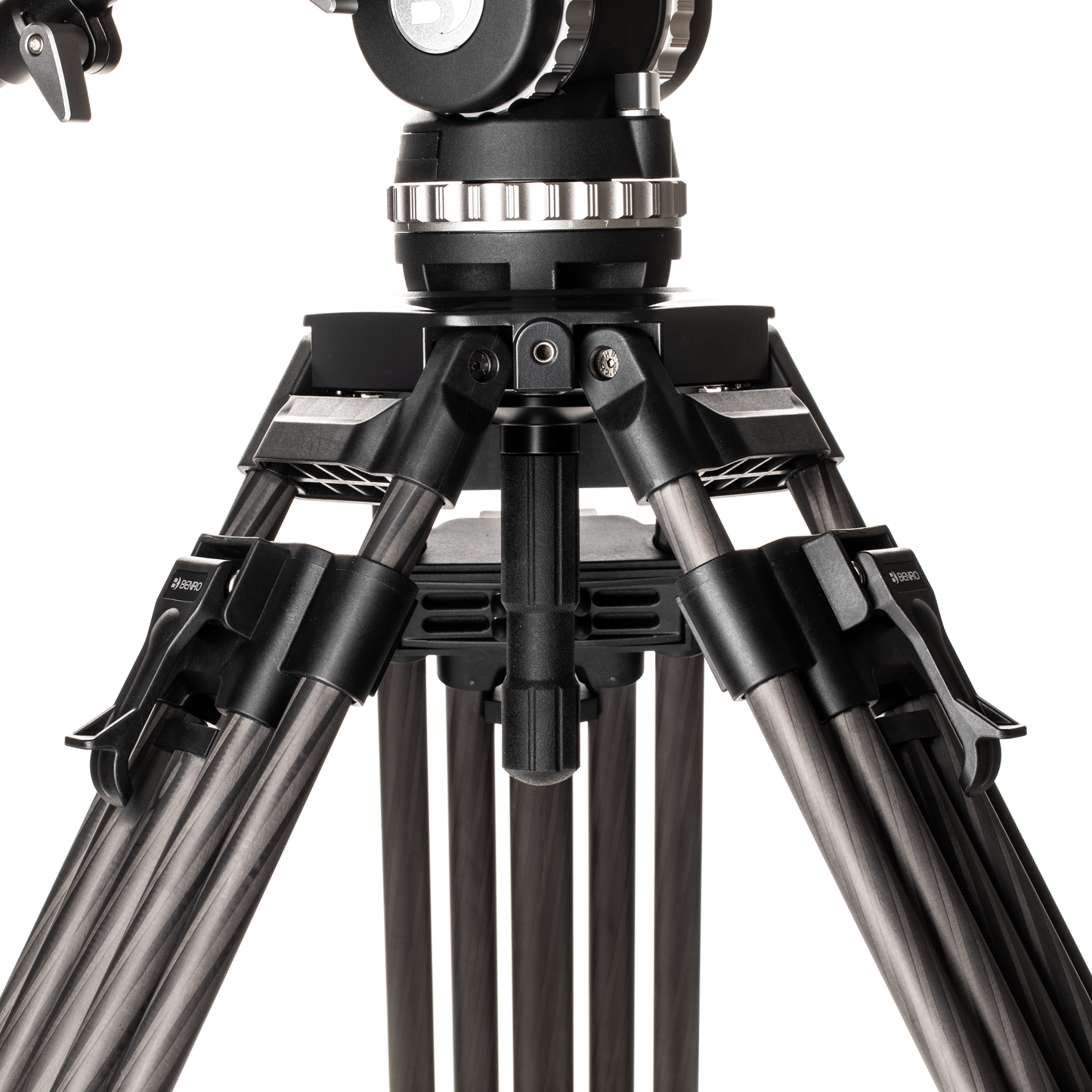 Close-up detail of the carbon fiber weave pattern on the BVX18 tripod legs