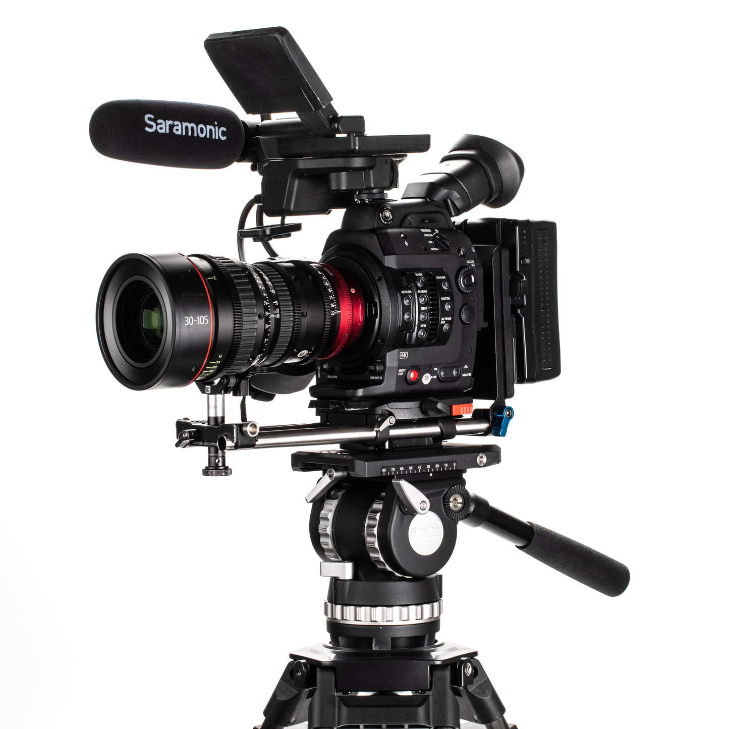 A professional cinema camera mounted securely on the Benro BVX18 tripod kit.