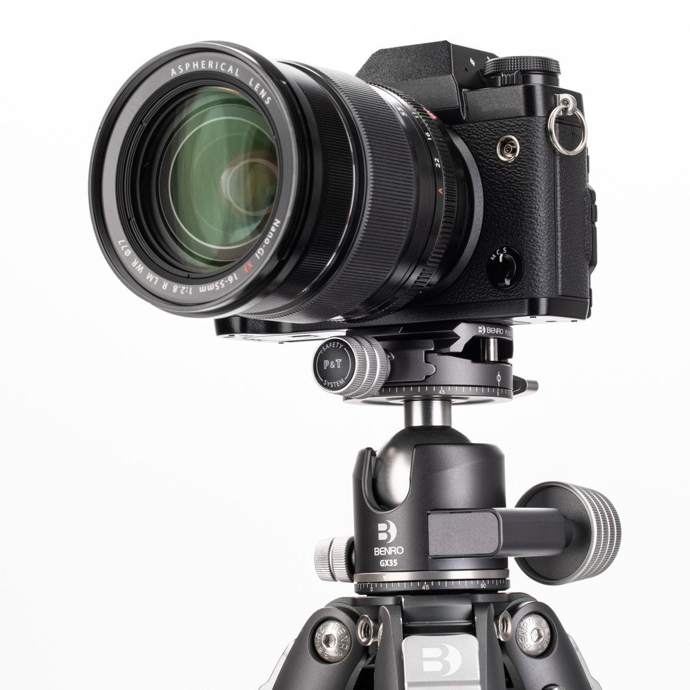 Benro Tortoise tripod with GX35 ball head, auto-hold leg trigger, and rubber feet for secure grip on any surface.