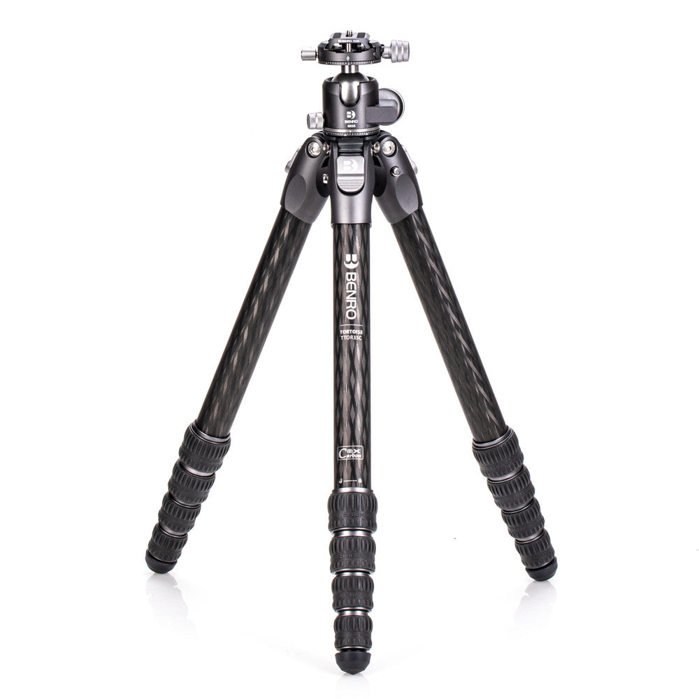Compact and lightweight Benro Tortoise carbon fiber tripod with GX35 ball head, ideal for travel and content creation.