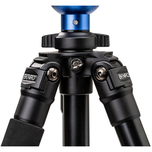 Benro tripod with flip-lock legs and adjustable center column for versatile shooting angles.