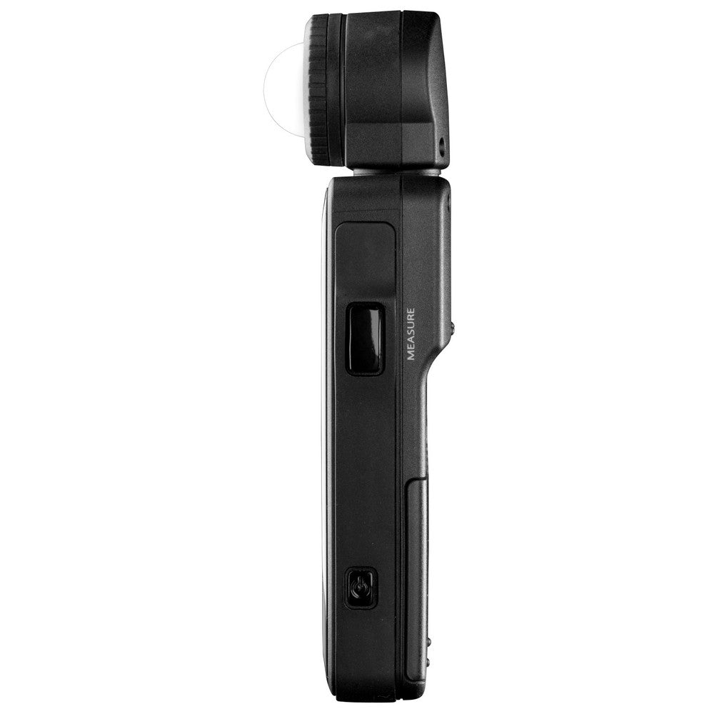 Sekonic L-478D light meter next to a DSLR camera, showing its compact size