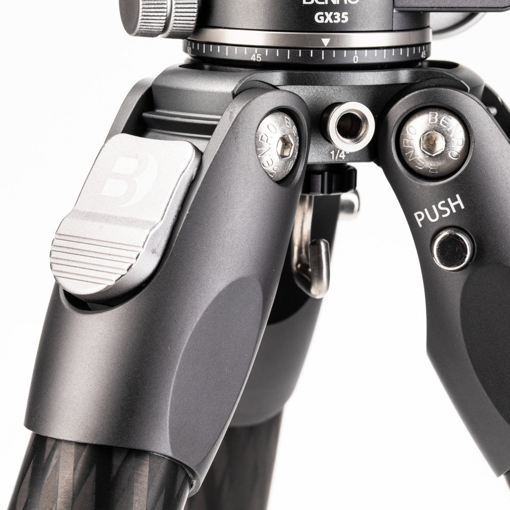 Benro Tortoise tripod featuring a safety-locked PU56 quick-release plate, 3/8" and 1/4" head mounts, and 3-year warranty.