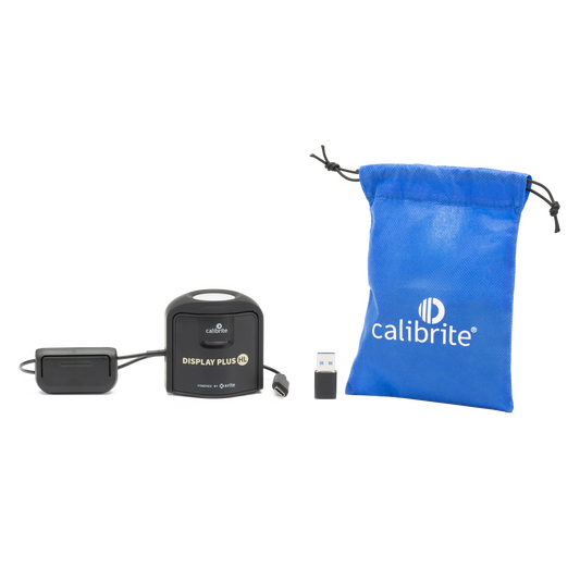 Calibrite display calibration kit with black device, USB cable, and blue drawstring bag