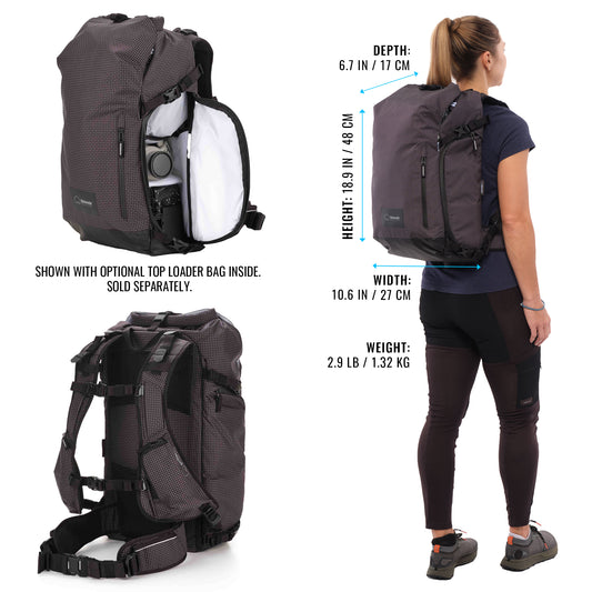 Female hiker accessing camera gear from Sidecountry backpack side panel