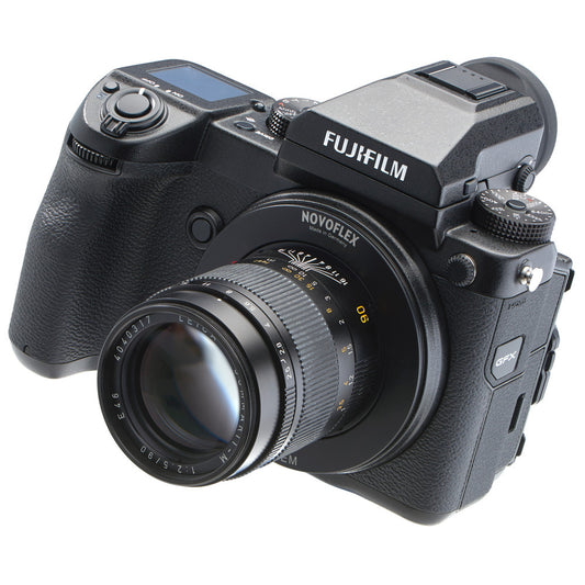 NOVOFLEX Leica M to Fujifilm GFX metal lens mount adapter shown mounted on a camera.
