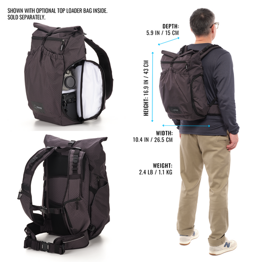 Photographer wearing Shimoda Side Lite backpack during sunset hike