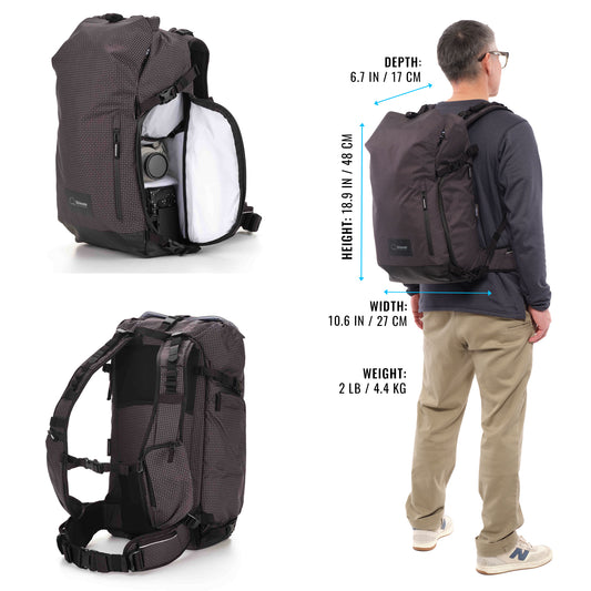 Sidecountry backpack side access panel open showing camera insert
