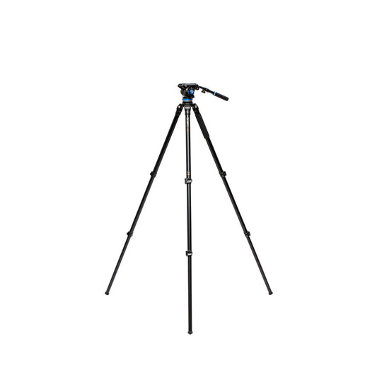 Benro A373FBS6PRO lightweight aluminum tripod with 75mm bowl and S6 PRO video head. Includes 6-step counterbalance, pan/tilt locks, and illuminated bubble level for precise video shooting.