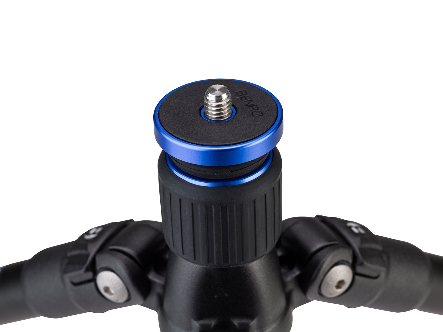Close-up of a camera tripod head with blue center piece on a white background
