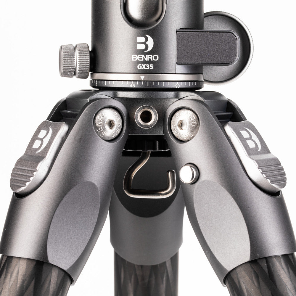 Sturdy Benro Tortoise tripod with column-free design, carbon fiber legs, and GX35 ball head for maximum stability.
