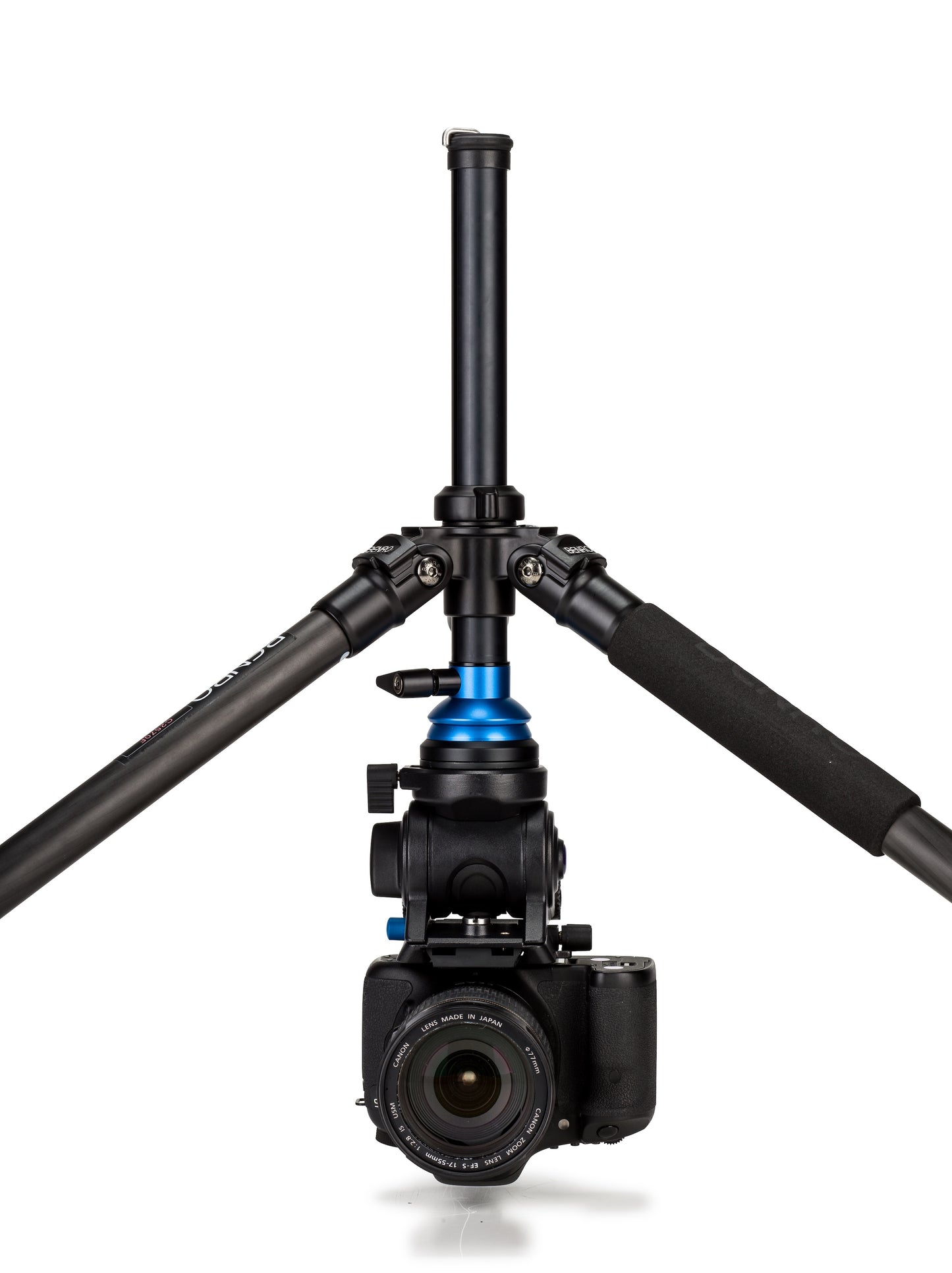 A prosumer video camera securely mounted and balanced on the Benro tripod, showcasing its 2.5kg payload.