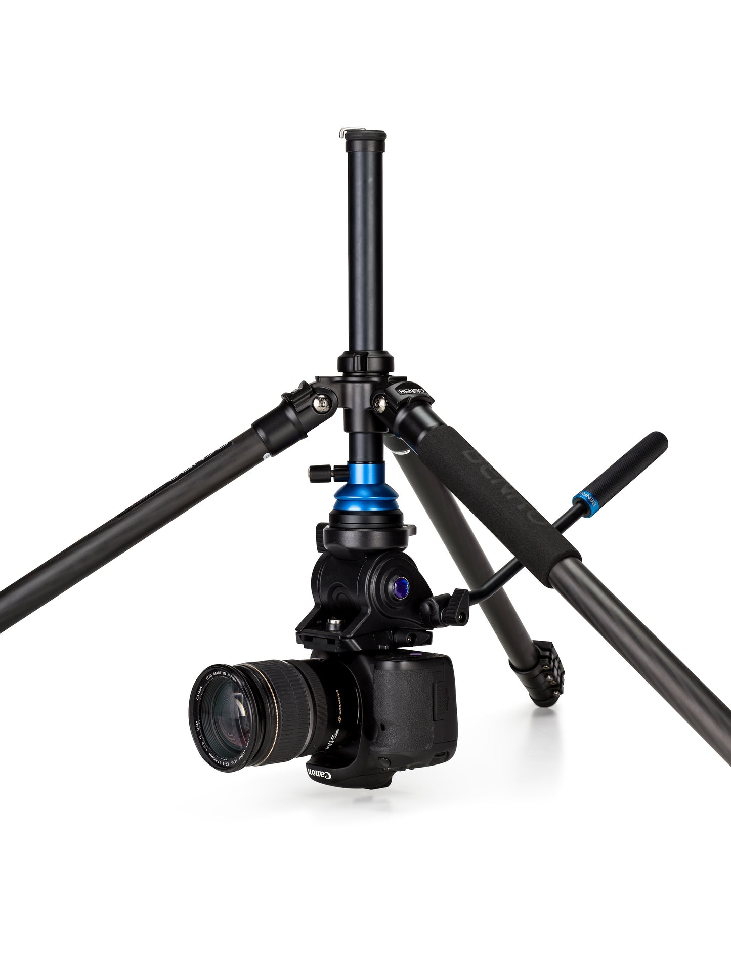 A prosumer video camera securely mounted and balanced on the Benro tripod