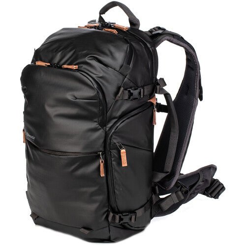 Front view of the compact, carry-on sized Shimoda Explore V2 25 backpack for photographers.