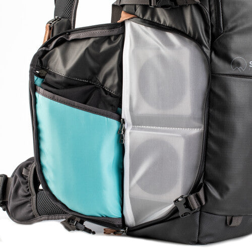 Fully opened Shimoda Explore V2 25 backpack showing the organized interior and modular layout.