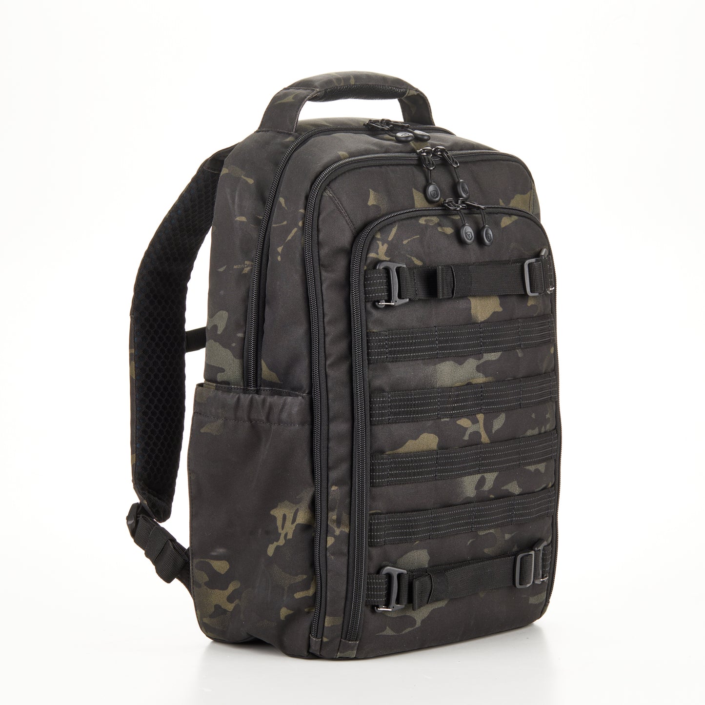 Front view of Tenba Axis v2 16L RoadWarrior camera backpack in MultiCam Black camouflage.