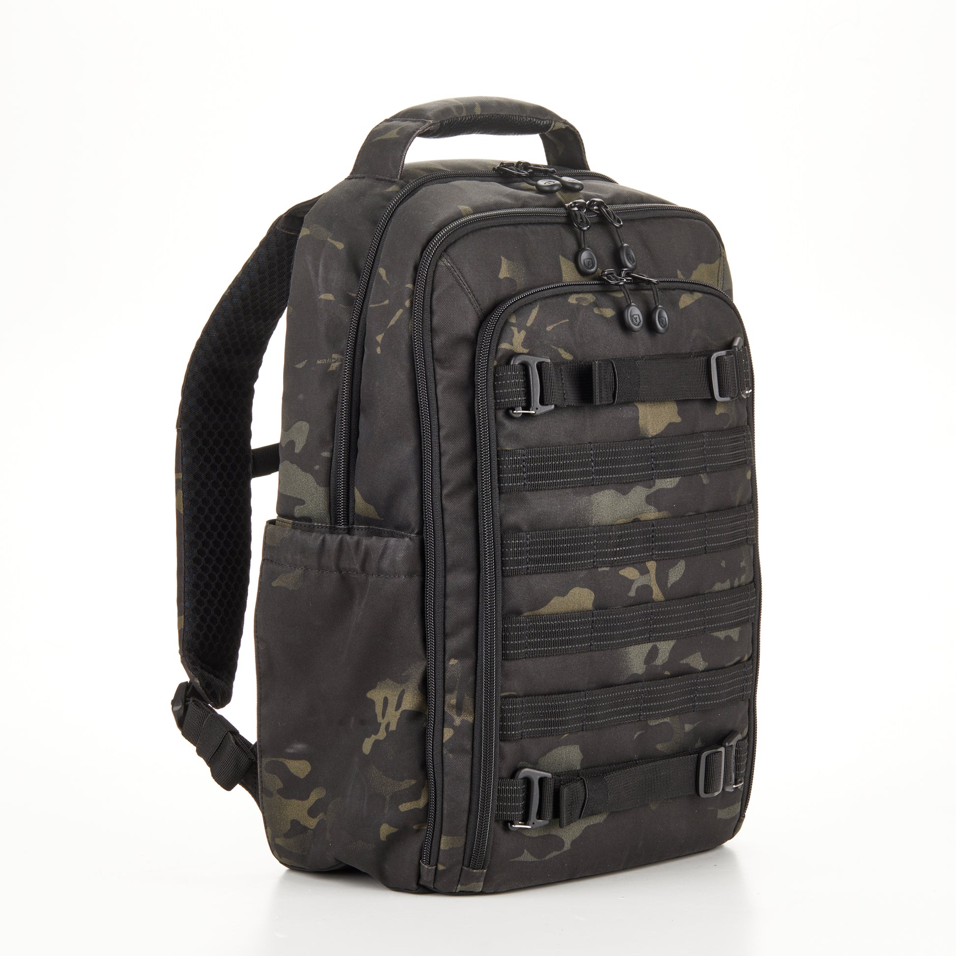 Front view of Tenba Axis v2 16L RoadWarrior camera backpack in MultiCam Black camouflage.
