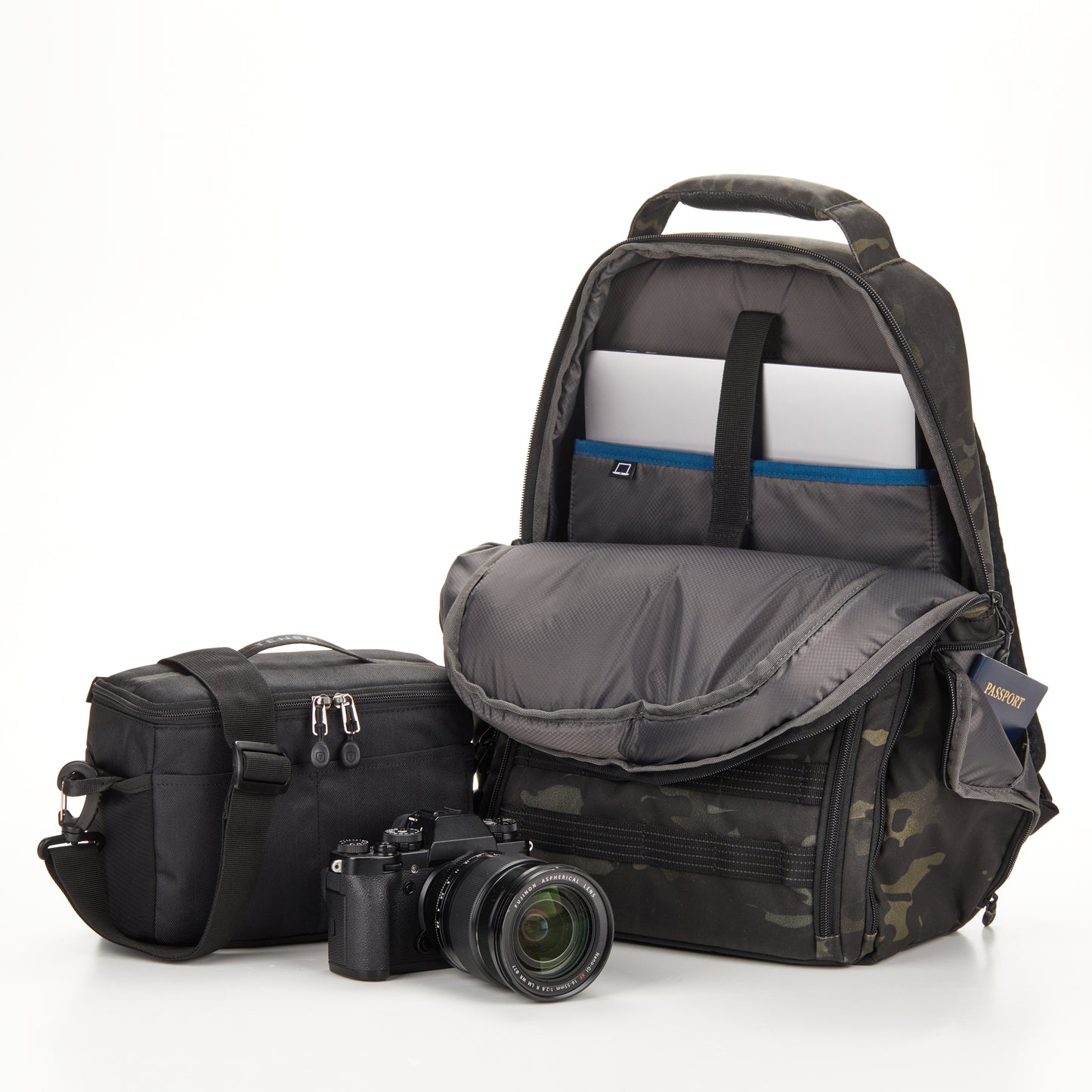 Back panel showing Tenba Airflow harness and Pivot-Fit shoulder straps for ergonomic carrying.