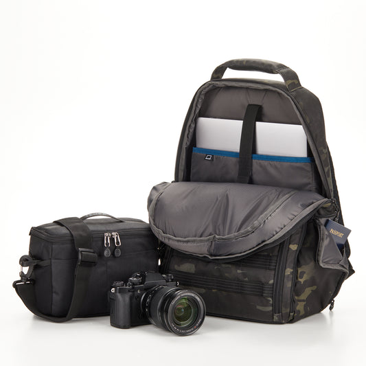 Back panel showing Tenba Airflow harness and Pivot-Fit shoulder straps for ergonomic carrying.