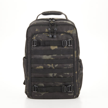 Side profile of the slim 16L backpack designed to fit under an airplane passenger seat.