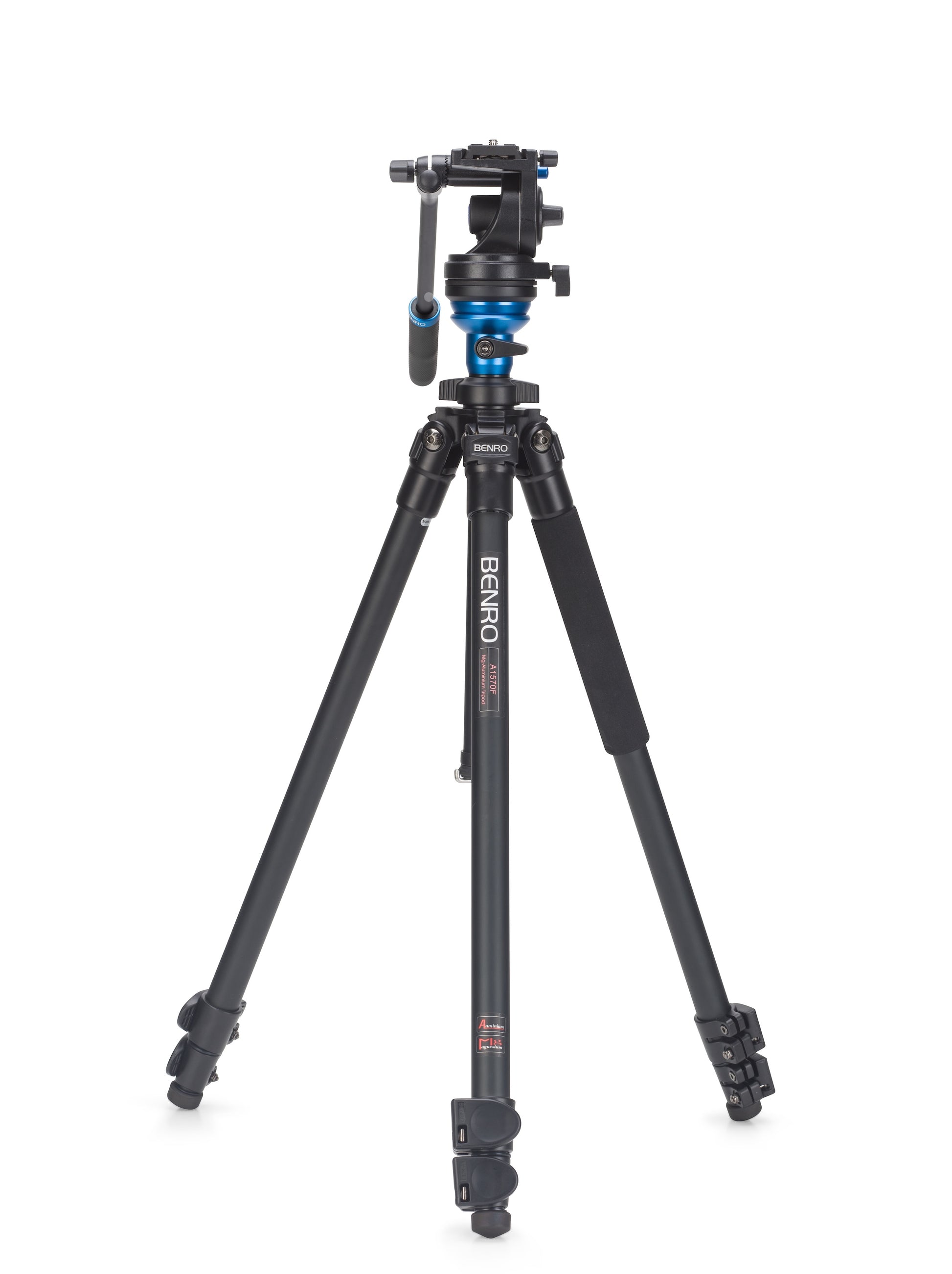 Professional Benro A1573F video tripod kit with S2 fluid head, shown fully extended on a flat surface.