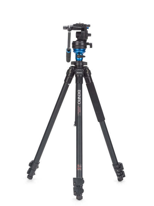 Professional Benro A1573F video tripod kit with S2 fluid head, shown fully extended on a flat surface.