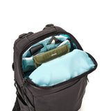 Anthracite backpack with rear access for quick camera retrieval and anti-theft design.