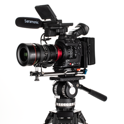 A professional cinema camera mounted securely on the Benro BVX18 tripod kit.