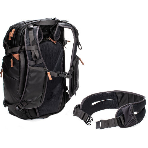 Shimoda backpack with anti-theft rear panel fully open, revealing the camera core unit.