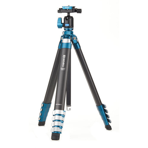 Benro Cyanbird TCBH15N00P travel tripod in ocean blue with carbon fiber and aluminum legs.