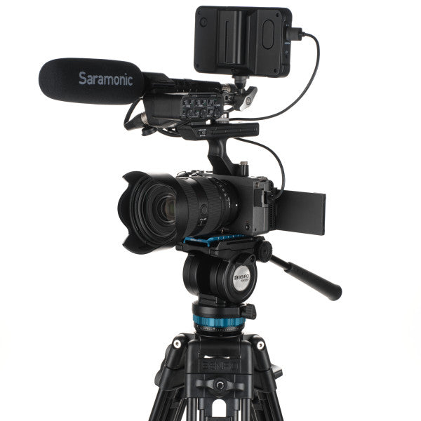 Video camera with Saramonic microphone - sitting on the tripod