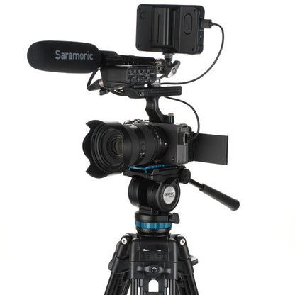 Video camera with Saramonic microphone - sitting on the tripod