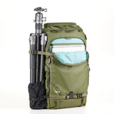 Army green Shimoda Designs Action X40 V2 backpack with TPU compression straps, hidden AirTag sleeve, and rain cover for outdoor enthusiasts.