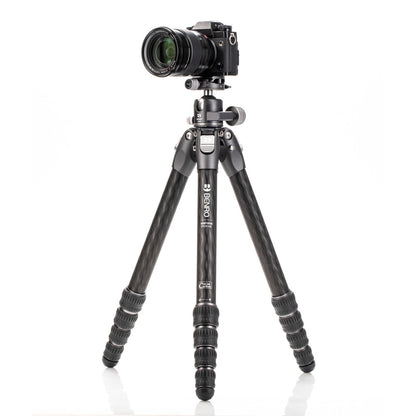 Lightweight Benro Tortoise carbon fiber tripod with ergonomic twist locks, 61-inch max height, and included tripod bag.