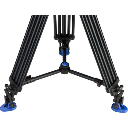 Side view of the Benro A674TM tripod fully extended to its maximum height of 57.87 inches, highlighting its 2-stage, 3-section dual tandem legs for torsional rigidity and stability.