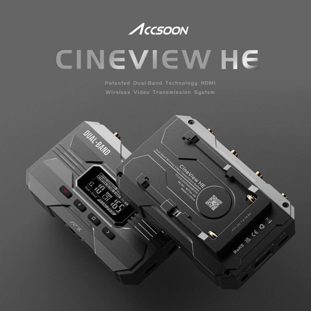 Close-up of CineView HE transmitter showing HDMI input and OLED display screen