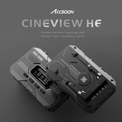 Close-up of CineView HE transmitter showing HDMI input and OLED display screen