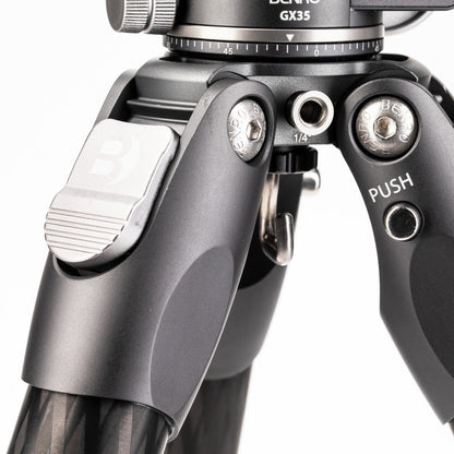 Benro Tortoise tripod featuring a safety-locked PU56 quick-release plate, 3/8" and 1/4" head mounts, and 3-year warranty.