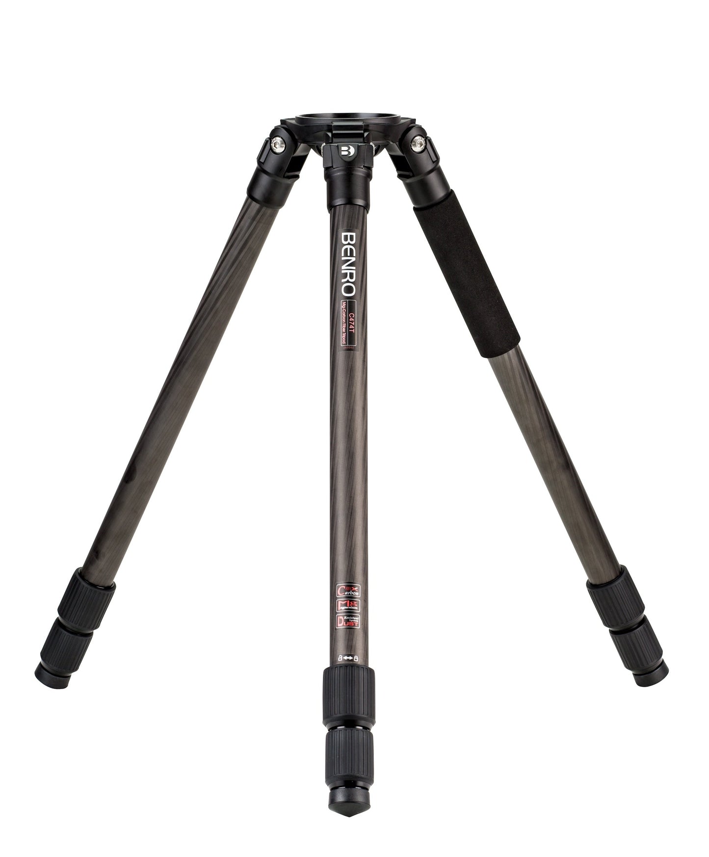 The Benro C474T carbon fiber video tripod on a rocky outdoor location.